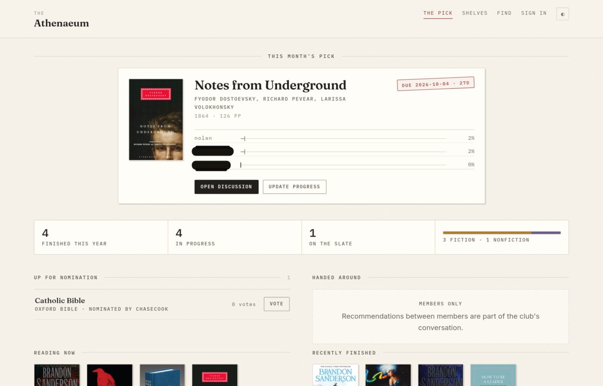 The Athenaeum, a book club site, shown on desktop