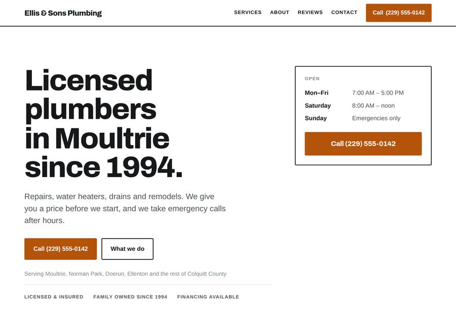 A site built for a plumbing company, shown on desktop